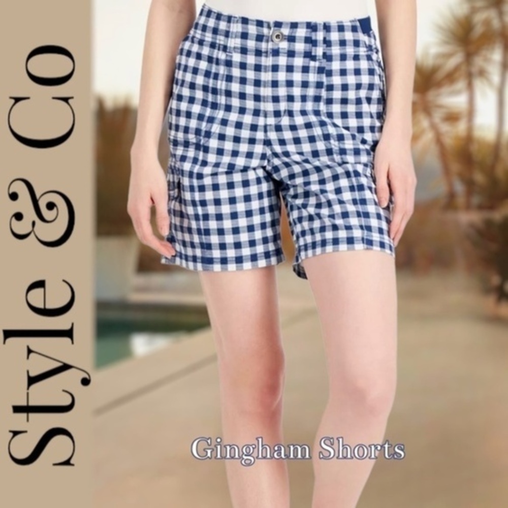 STYLE & CO NWT Blue-White Gingham 7” Zigzag-Stitch Flap Pocket Shorts/Sz.14